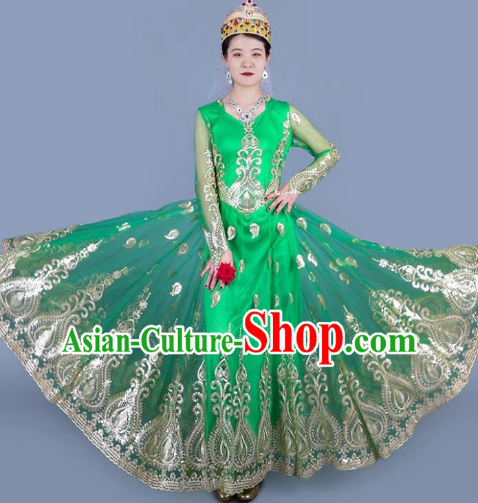 Green China Xinjiang Dance Spring And Summer Mesh Embroidery Double Layer Oversized Swing Dress Ethnic Style Stage Skirt