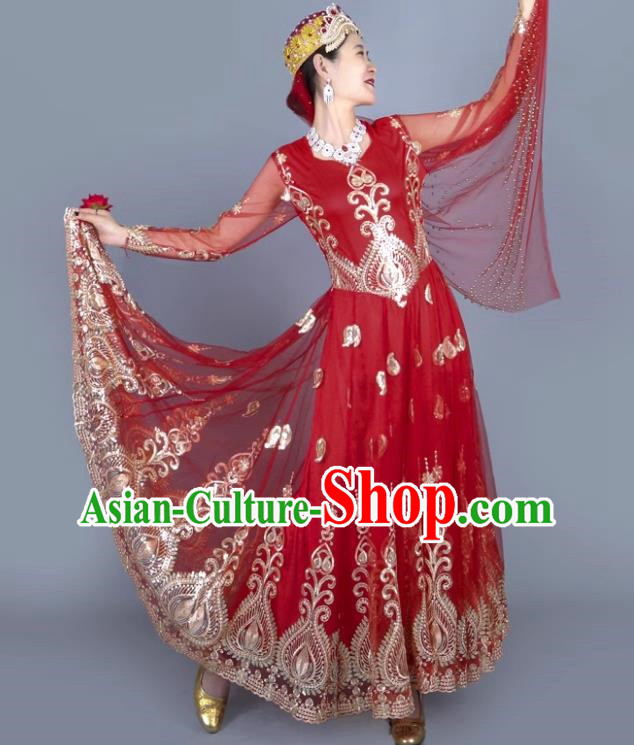 Red China Xinjiang Dance Spring And Summer Mesh Embroidery Double Layer Oversized Swing Dress Ethnic Style Stage Skirt