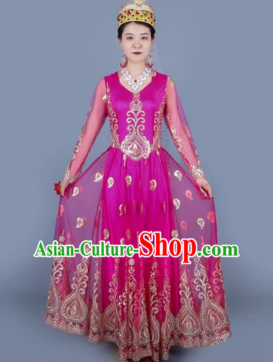 Rose Red Chinese Xinjiang Dance Spring And Summer Mesh Embroidered Double Layer Oversized Swing Dress Ethnic Style Stage Skirt