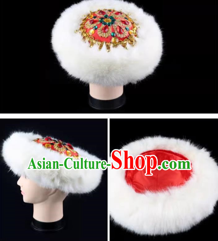 White Chinese Xinjiang Dance Hat Winter Dome Fur Flower Hat Hoop Hat Folk Dance Ladies Stage Performance Performance Bright Diamond