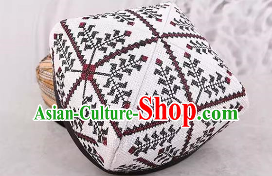 White Chinese Xinjiang Dance Men Hat High End Ethnic Style Traditional Four Corner Flower Hat Dance Hat Uighur Square Dance Performance Hat