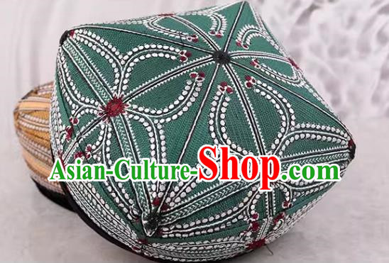 Green Chinese Xinjiang Dance Men Hat High End Ethnic Style Traditional Four Corner Flower Hat Dance Hat Uighur Square Dance Performance Hat