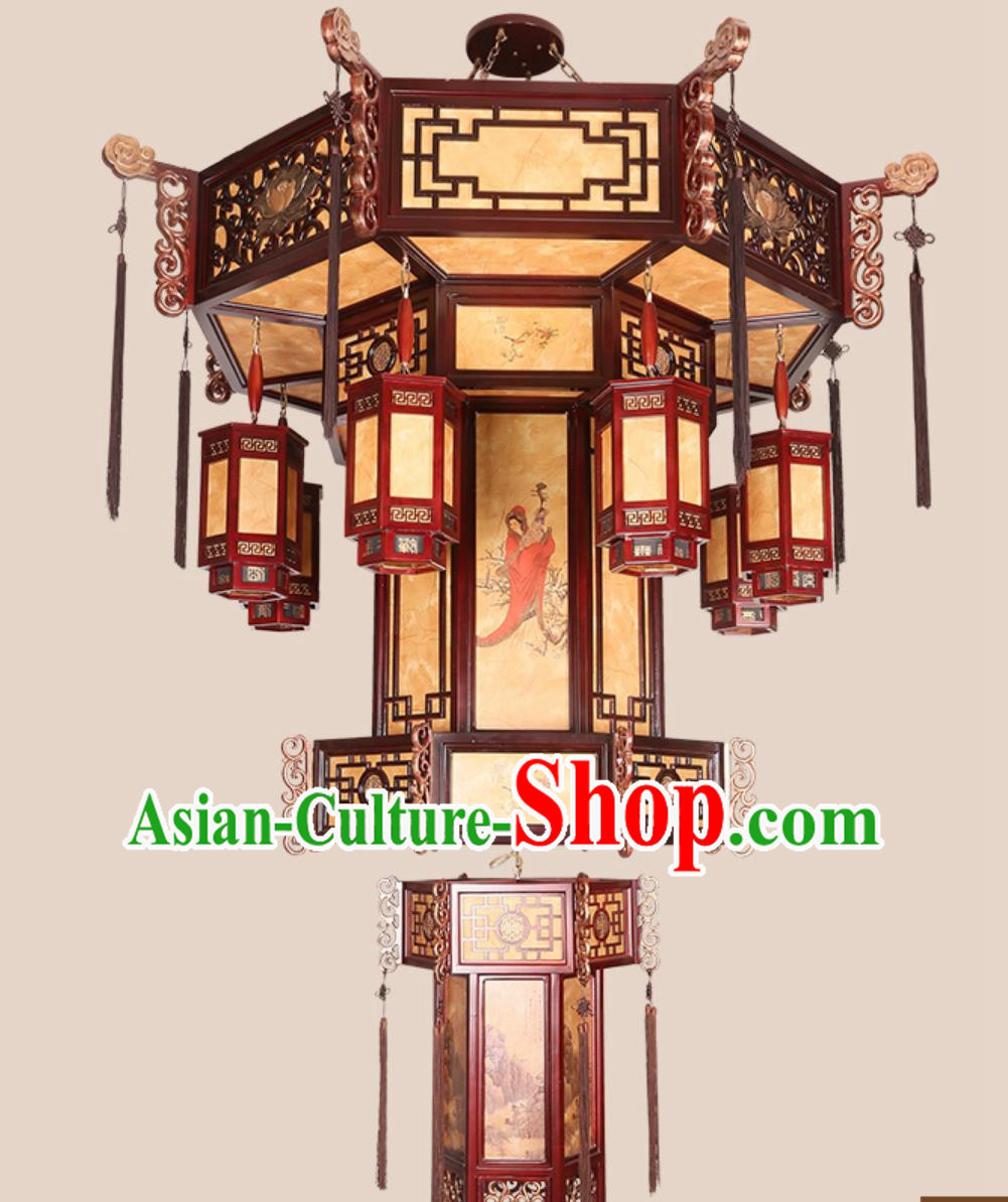 75 Inches Diameter Antique Chinese Villa Chandelier Solid Wood Hexagonal Lantern Classic Hotel Lobby Headlight