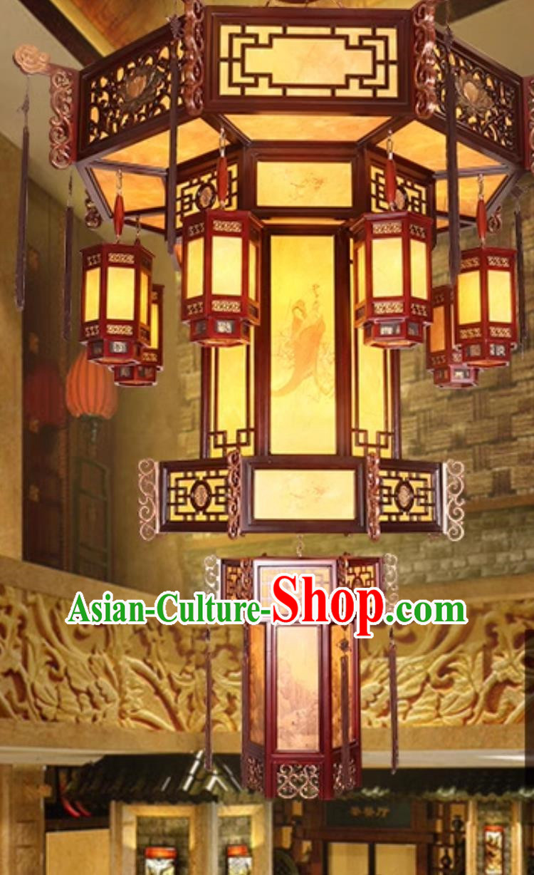 75 Inches Diameter Antique Chinese Villa Chandelier Solid Wood Hexagonal Lantern Classic Hotel Lobby Headlight