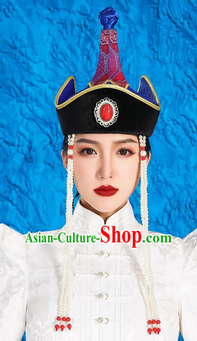 Mongolian Women Hats High End Ethnic Minority Style Wedding Bridal Headwear Photography Red Forehead Ornaments