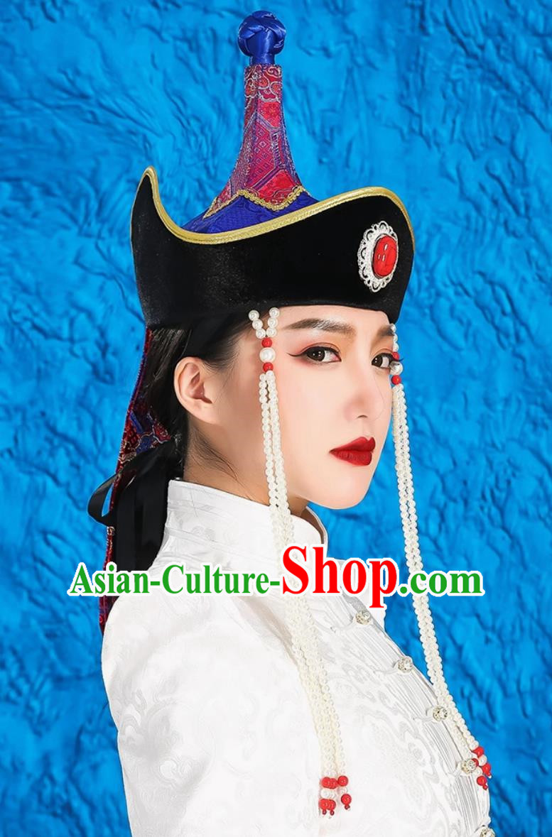 Mongolian Women Hats High End Ethnic Minority Style Wedding Bridal Headwear Photography Red Forehead Ornaments