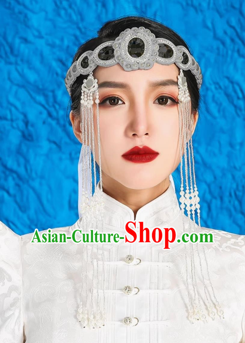 Gray Mongolian Female Headdress Tibetan Ethnic Minority Style Wedding Hair Accessories Stage Performance Tassel Beads