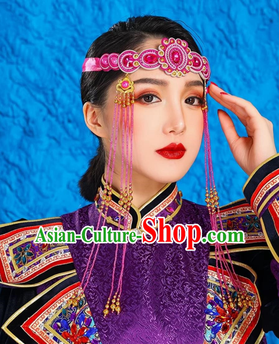 Rose Red Mongolian Female Headdress Tibetan Ethnic Minority Style Wedding Special Hair Accessories Stage Performance Tassel Beads