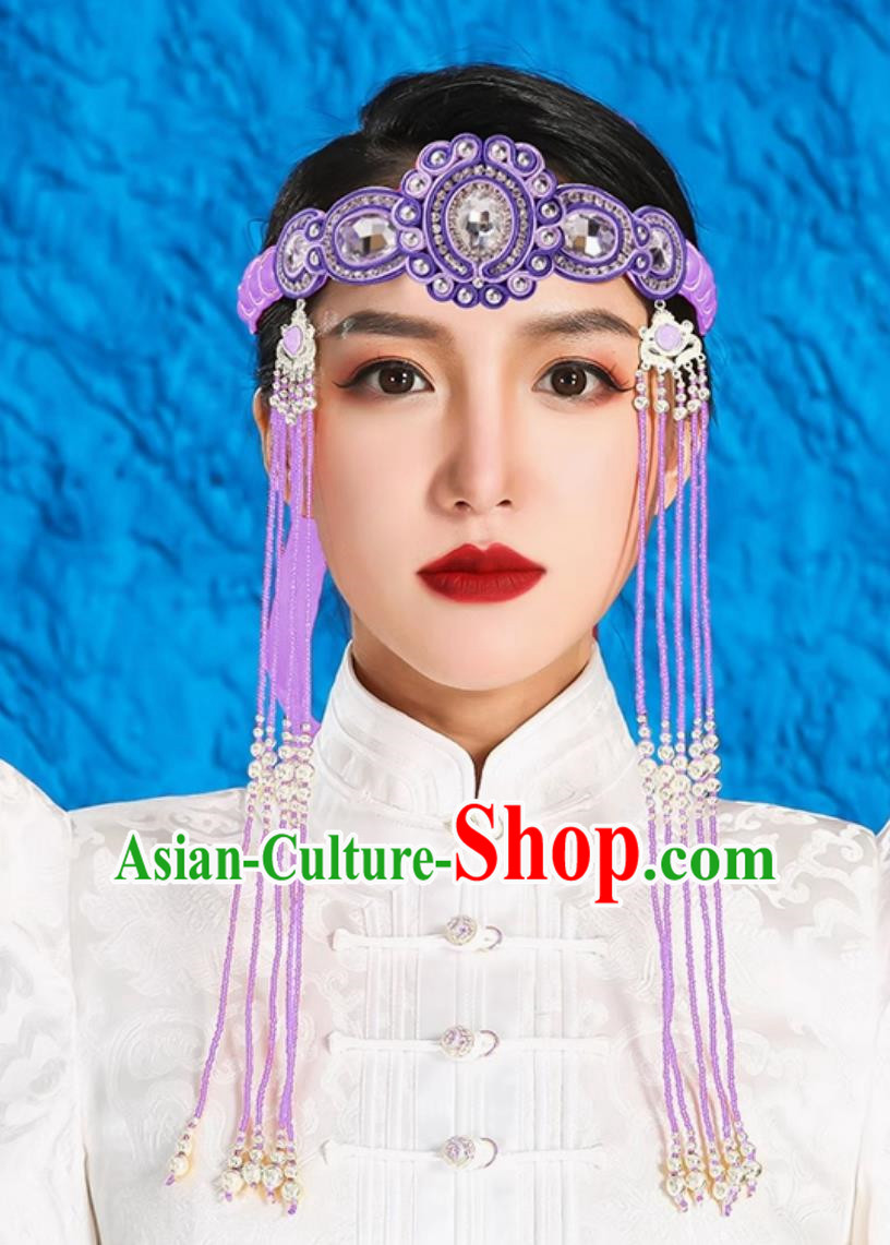 Light Purple Mongolian Female Headdress Tibetan Ethnic Minority Style Wedding Special Hair Accessories Stage Performance Tassel Beads