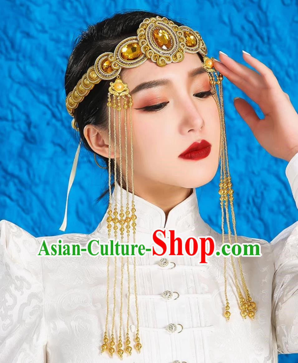 Golden Mongolian Female Headdress Tibetan Ethnic Minority Style Wedding Unique Hair Accessories Stage Performance Tassel Beads