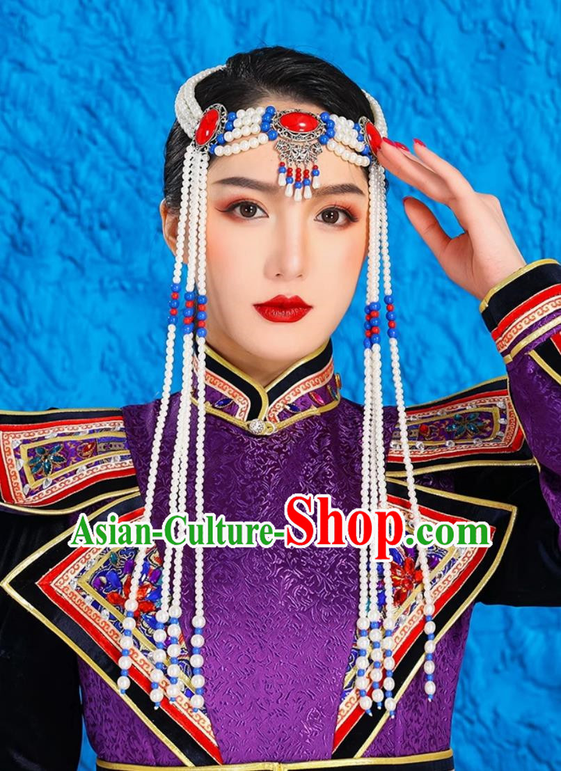 Mongolian Lady White Beaded Forehead Ornament Ethnic Ancient Style Forehead Wiping Tibetan Xinjiang Exotic Style Headdress Forehead Pendant