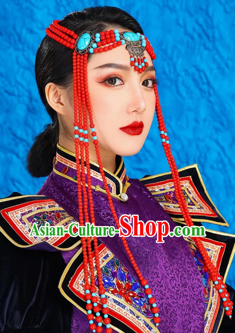 Mongolian Lady Red Bead Forehead Ornament Ethnic Ancient Style Forehead Wiping Tibetan Xinjiang Exotic Style Headdress Forehead Pendant