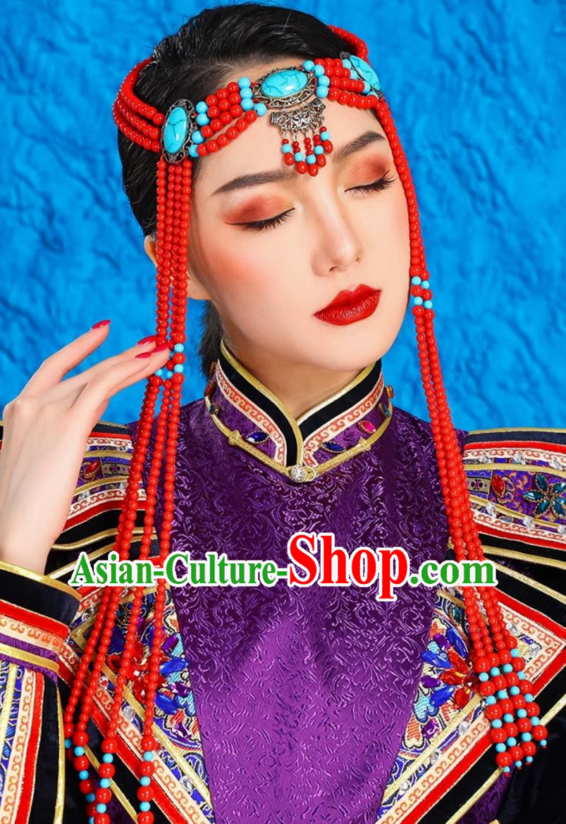 Mongolian Lady Red Bead Forehead Ornament Ethnic Ancient Style Forehead Wiping Tibetan Xinjiang Exotic Style Headdress Forehead Pendant