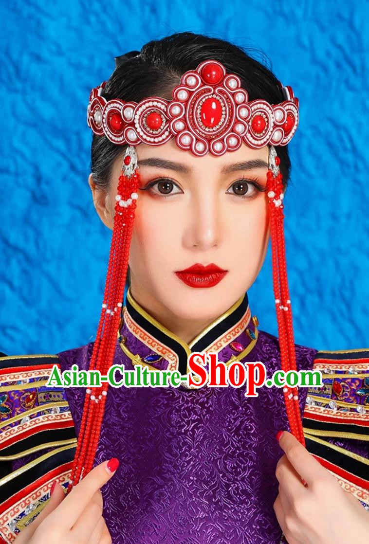 Mongolian Ladies Green Forehead Ornaments Ethnic Minority Style Headdress Bridal Beaded Forehead Pendant