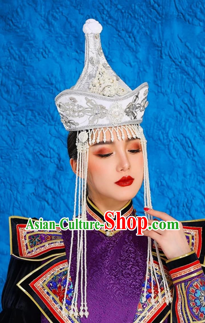 Mongolian Lady White Performance Hat Ethnic Dance Performance Headdress Wedding