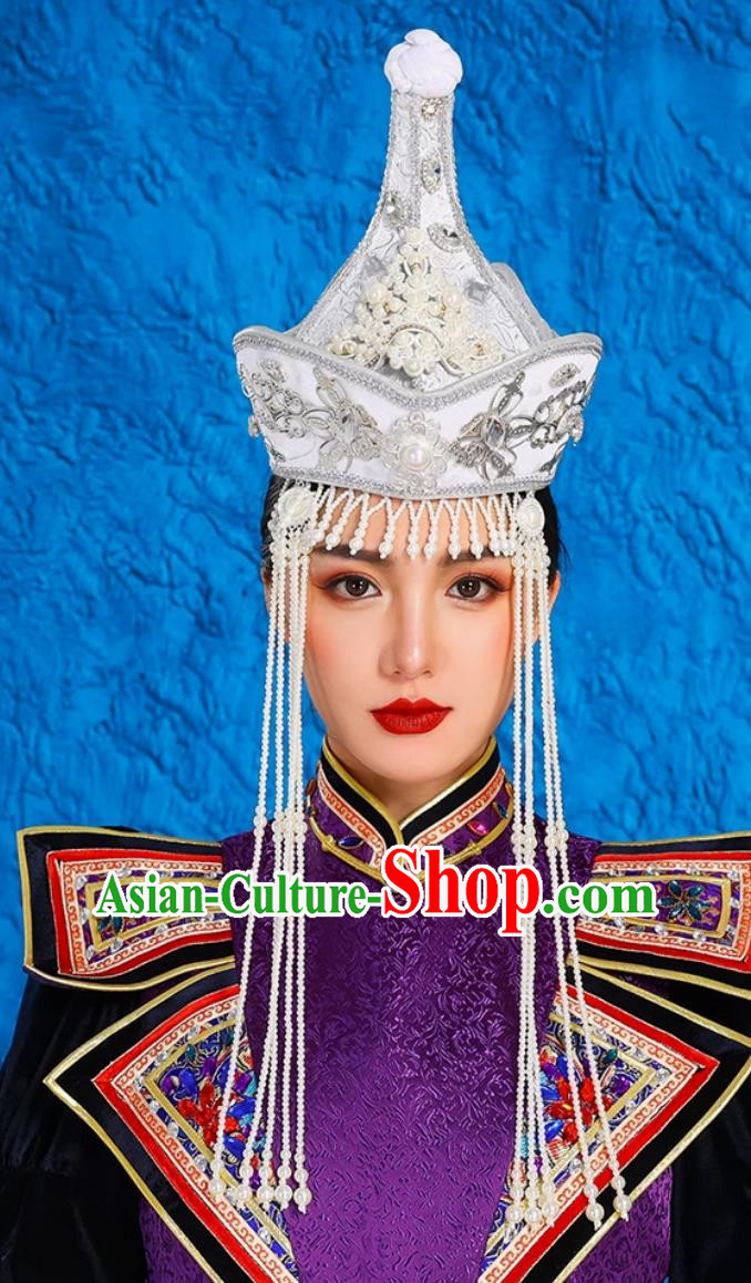 Mongolian Lady White Performance Hat Ethnic Dance Performance Headdress Wedding