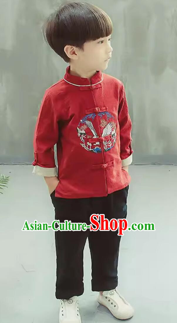 Chinese National Costumes Children Tang Suit Embroidered Eagle Red Shirt and Pants Complete Set