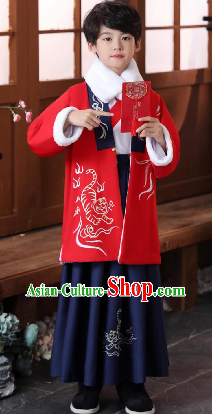 Chinese Traditional New Year Costumes Children Winter Hanfu Embroidered Tiger Red Coat White Shirt and Skirt Complete Set