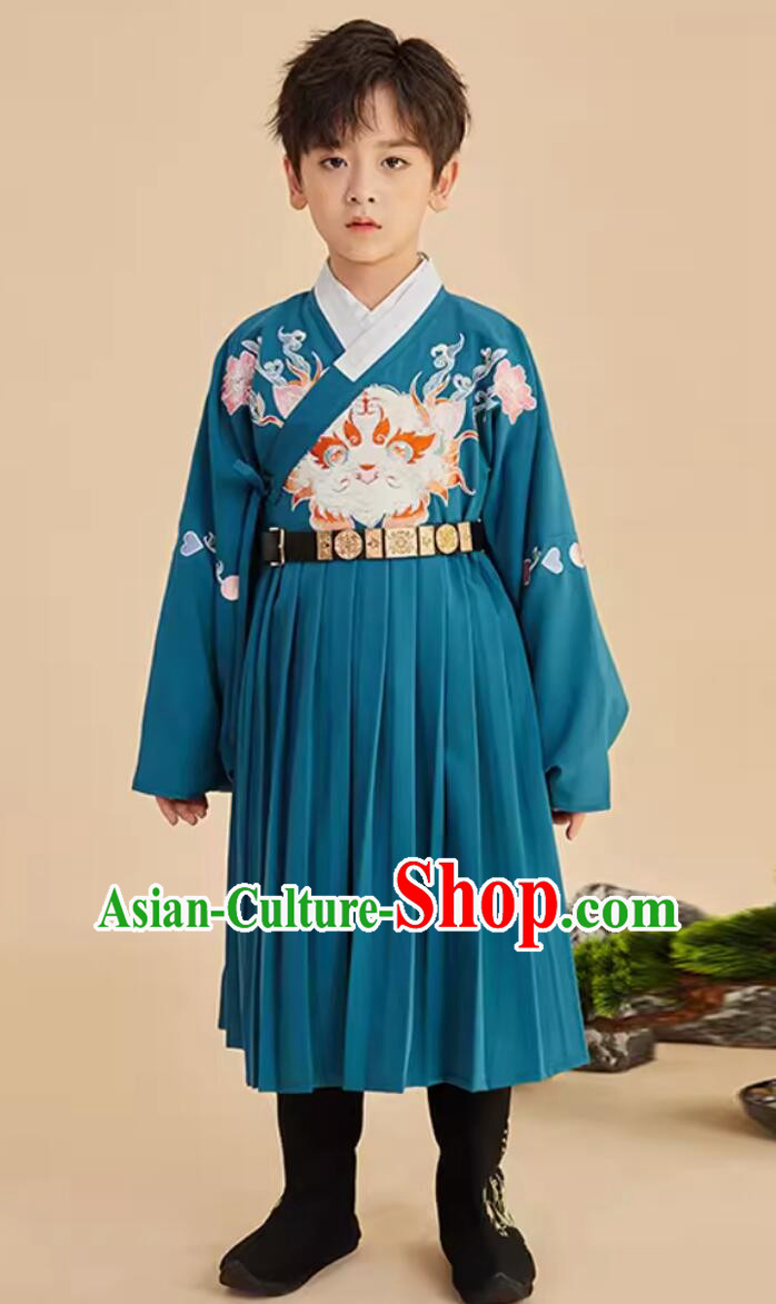 Chinese Ming Dynasty Embroidered Tiger Green Robe Traditional Hanfu Children Costumes