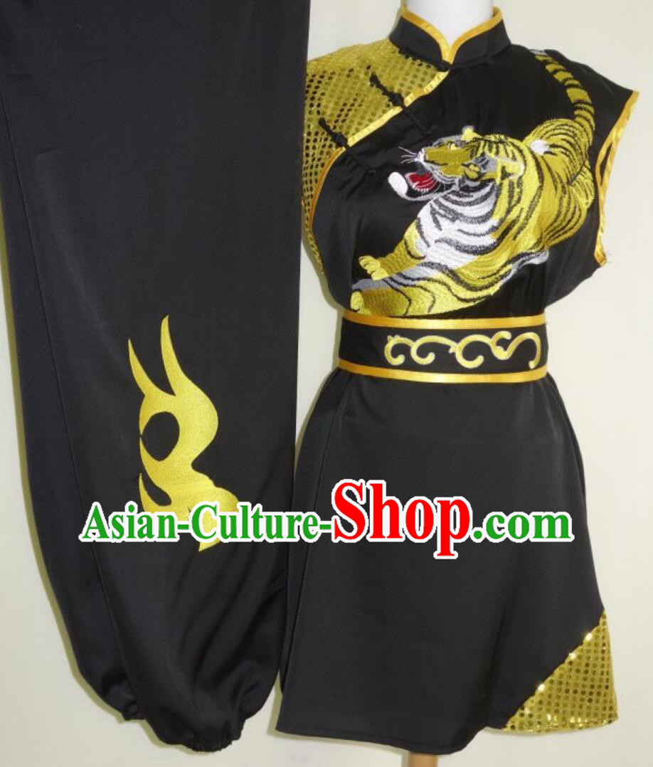 Professional Wushu Competition Embroidered Tiger Outfit Chinese Martial Arts Costumes Traditional Kung Fu Black Uniform