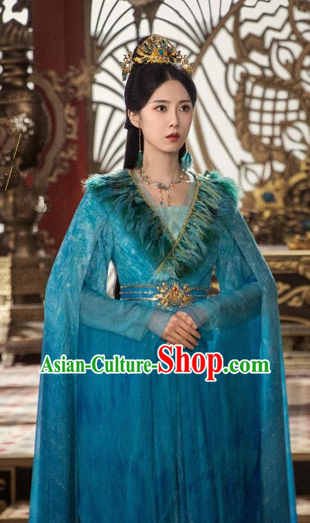 Chinese Ancient Royal Princess Clothing TV Series The Last Immortal Peacock Fairy Hua Shu Blue Dresses