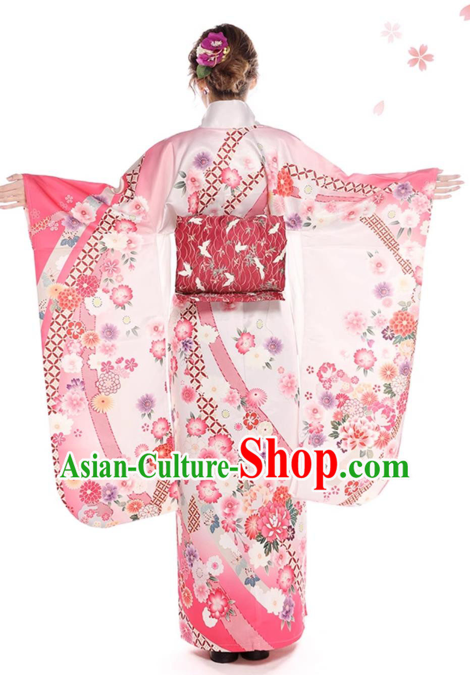 Asian Japan Classical Sakura Pattern Furisode Kimono National Pink Dress Japanese Traditional Garments