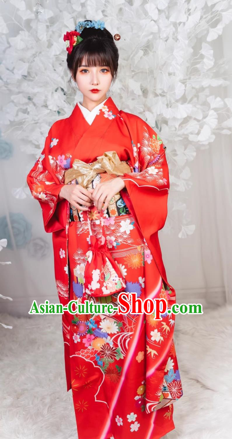 Japan Classical Red Furisode Kimono Top Japanese National Dress Traditional Orthodox Garments