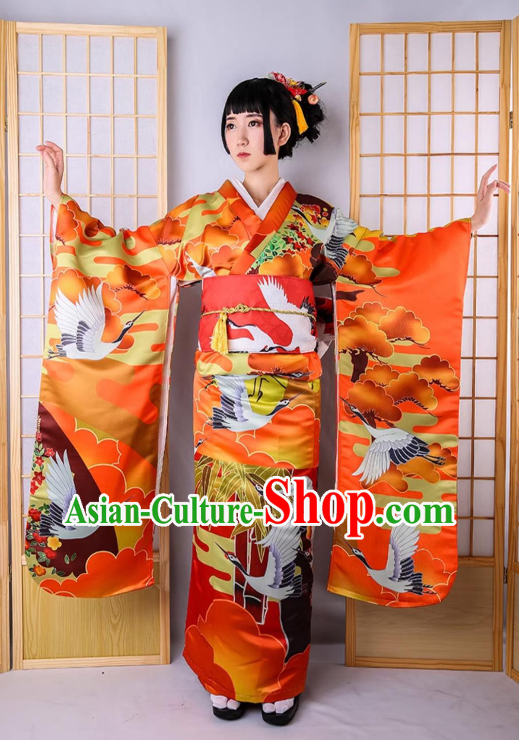 Japan Traditional Orthodox Garments Classical Crane Pattern Furisode Kimono Top Japanese National Dress