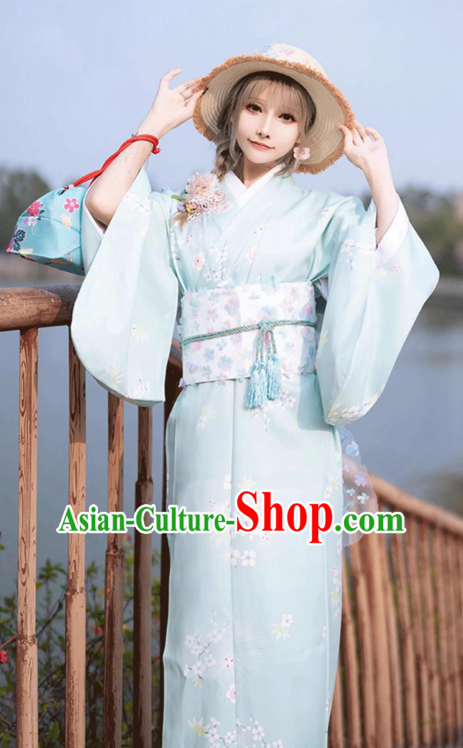 Japanese Light Blue Kimono Women Traditional Costume