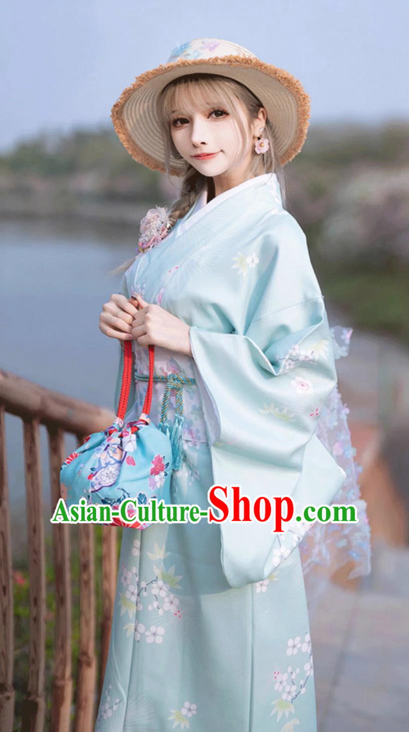 Japanese Light Blue Kimono Women Traditional Costume