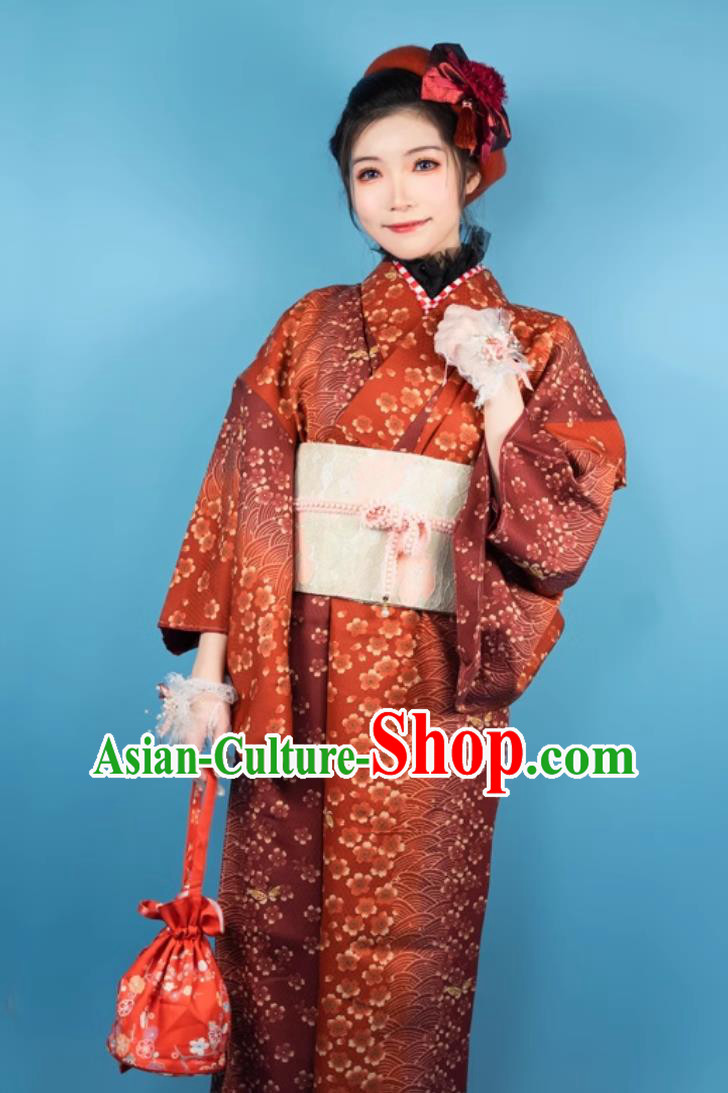 Orange Red Traditional Kimono Formal Dress For Women Japanese Taisho Floral Clothing