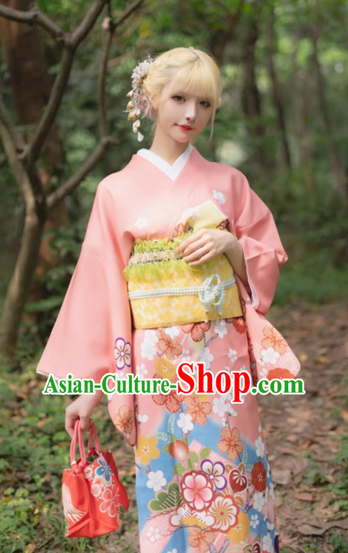 Printed Traditional Formal Japanese Kimono Women Visiting Kimono Pink Wedding Dress