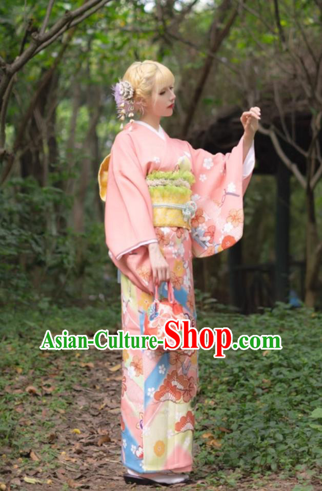 Printed Traditional Formal Japanese Kimono Women Visiting Kimono Pink Wedding Dress