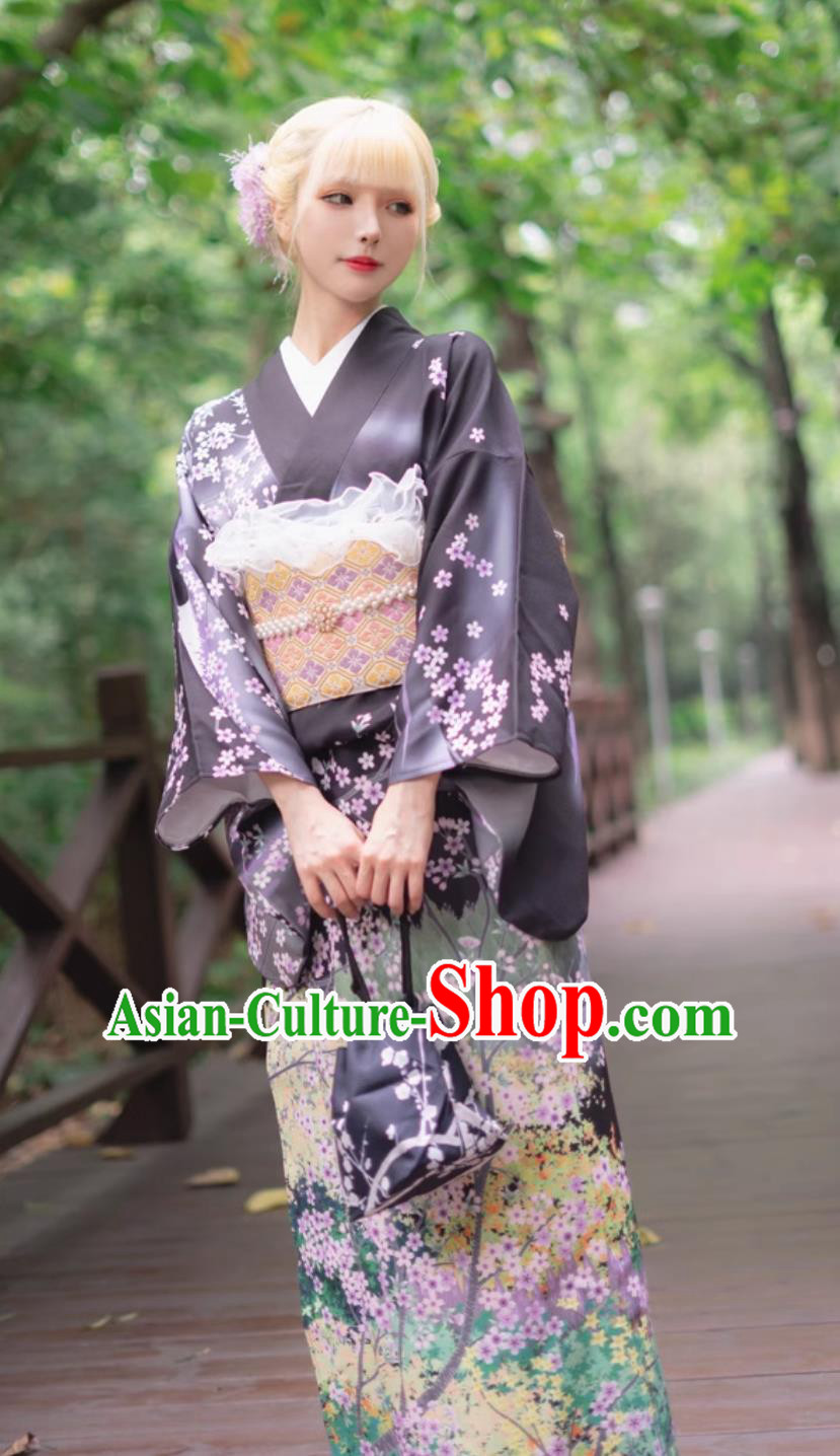 Women Visiting Kimono Printed Black Dress Traditional Formal Attire Japanese Kimono