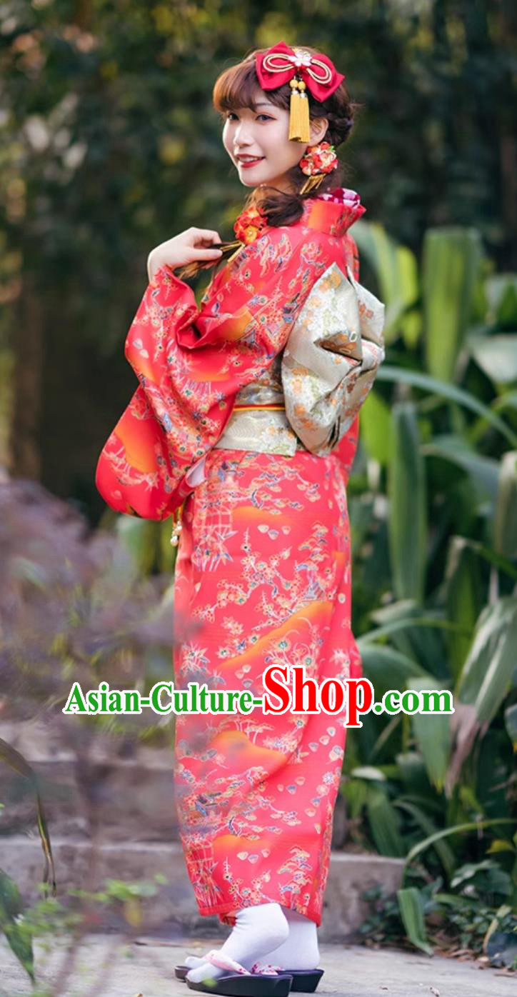 Japanese Kimono Red Floral Visit Attire