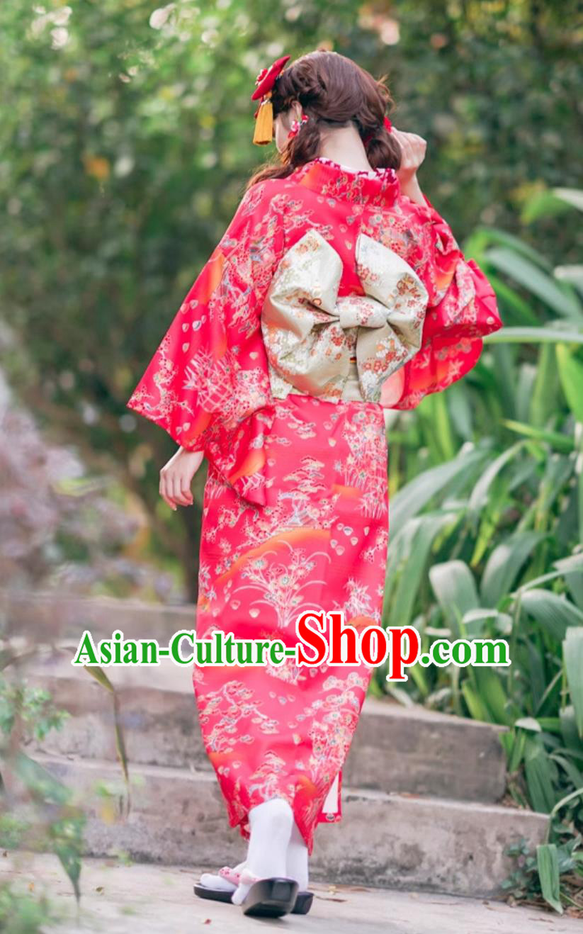 Japanese Kimono Red Floral Visit Attire