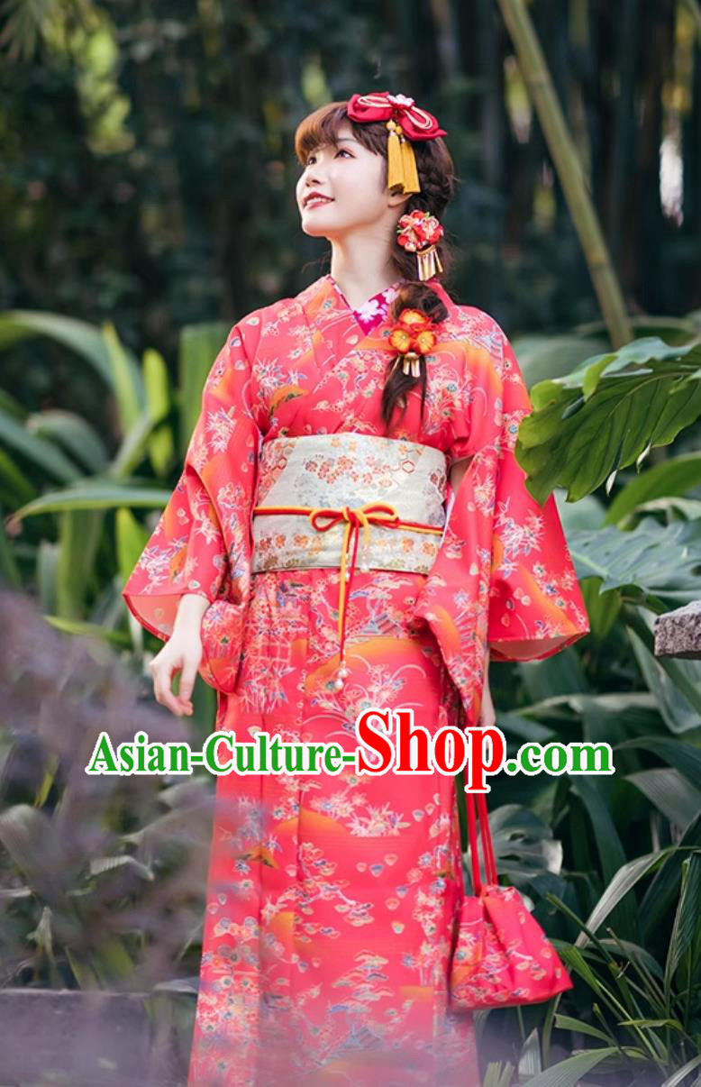 Japanese Kimono Red Floral Visit Attire