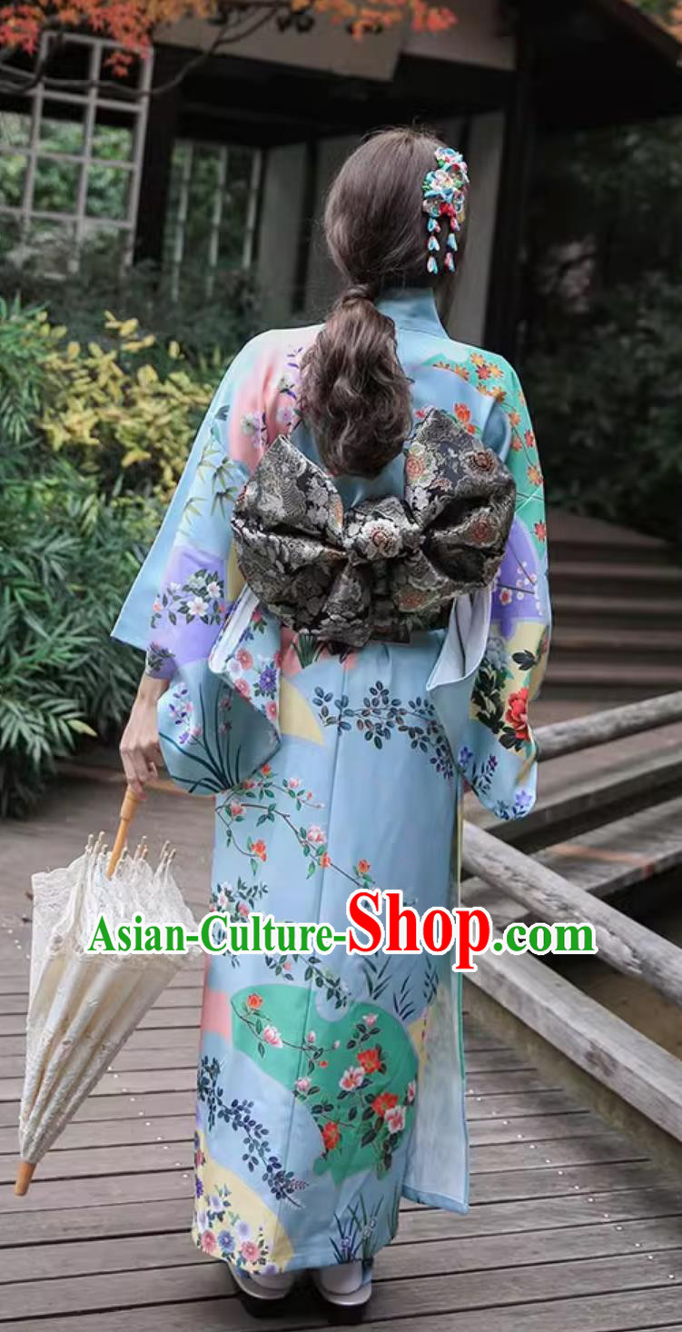 Japanese Kimono Women Blue Sakura Traditional Dress Improved Clothing
