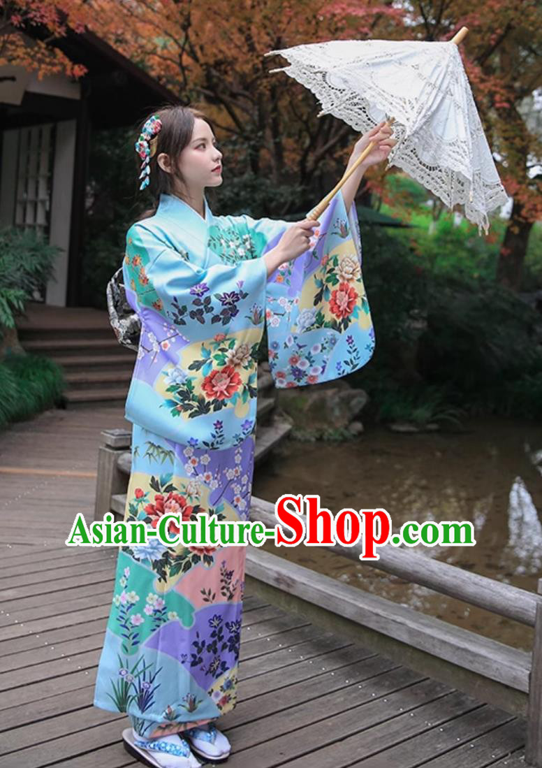 Japanese Kimono Women Blue Sakura Traditional Dress Improved Clothing