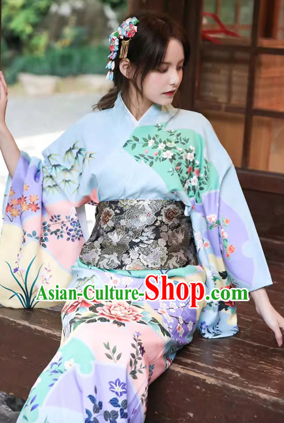 Japanese Kimono Women Blue Sakura Traditional Dress Improved Clothing