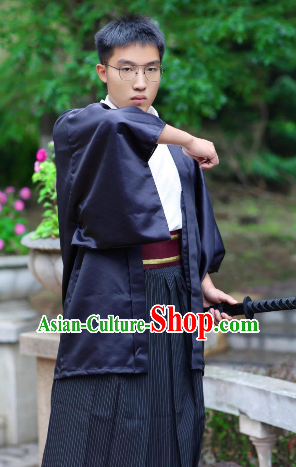 Japanese Kimono Men Formal Suit Kimono Bathrobe Traditional Hakama Set