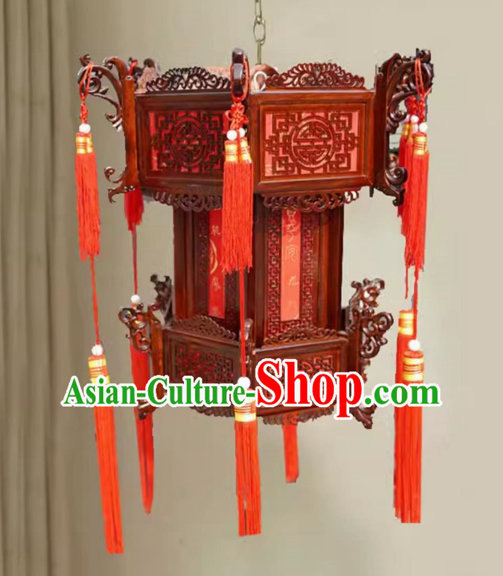 45cm Chinese Style Antique Solid Wood Hexagonal Palace Lantern Red Rose Pear Chinese New Year Lantern With The Word Fu