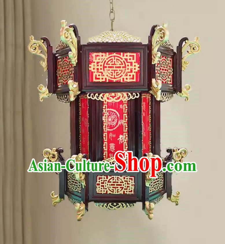 45cm Chinese Style Antique Solid Wood Hexagonal Palace Lantern Red Rose Pear Chinese New Year Lantern With The Word Fu