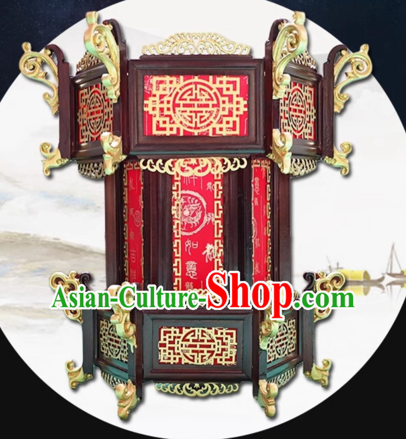 45cm Chinese Style Antique Solid Wood Hexagonal Palace Lantern Red Rose Pear Chinese New Year Lantern With The Word Fu