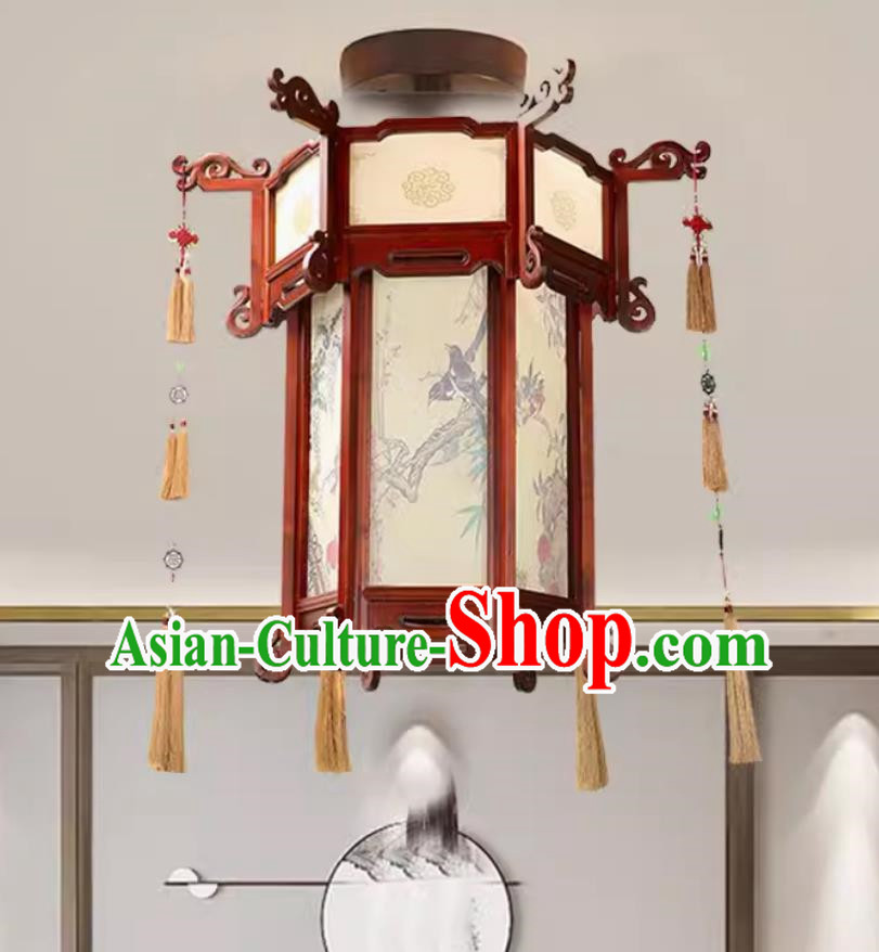 80cm Chinese Antique Palace Lantern Solid Wood Hexagonal Palace Lantern Yellow Sheepskin New Year Lantern