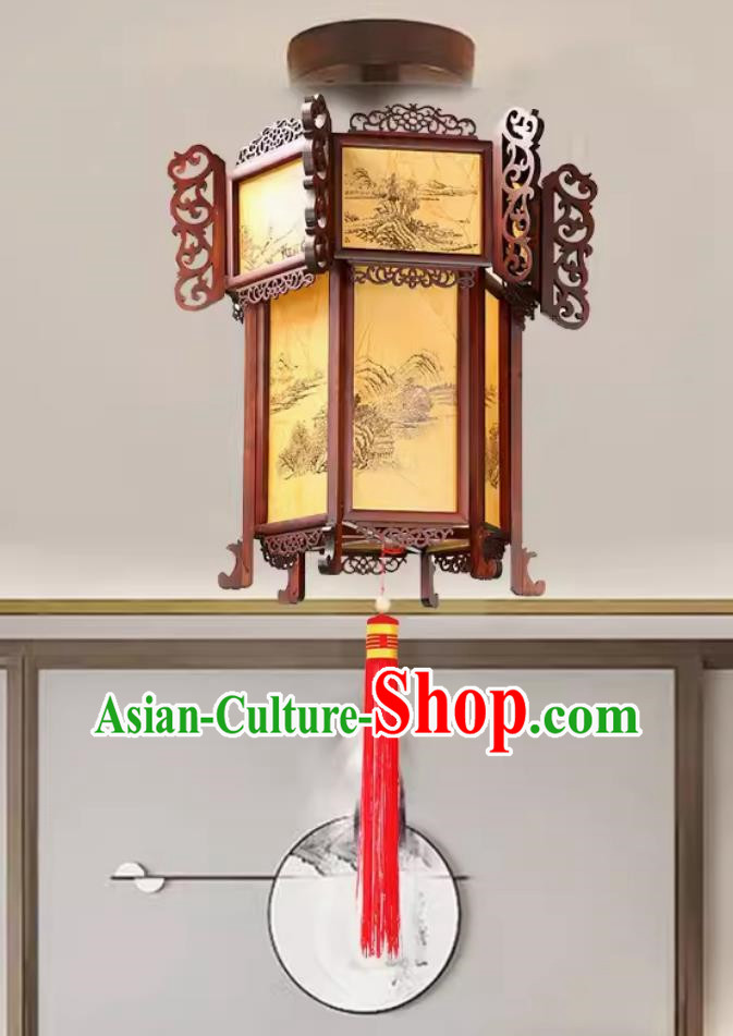 55cm Antique Palace Lantern Chinese Style Solid Wood Hexagonal Palace Lantern Yellow Sheepskin Landscape New Year Lantern