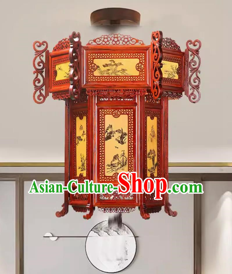 55cm Antique Palace Lantern Chinese Style Solid Wood Hexagonal Landscape Palace Lantern Yellow Sheepskin New Year Lantern