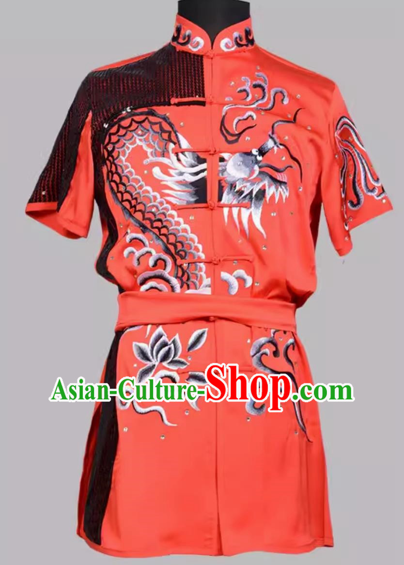 Martial Arts Black Sequin Embroidered Dragon Cloud Red Performance Clothing Competition Practice Clothing
