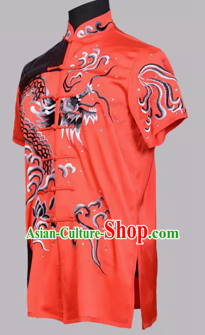 Martial Arts Black Sequin Embroidered Dragon Cloud Red Performance Clothing Competition Practice Clothing