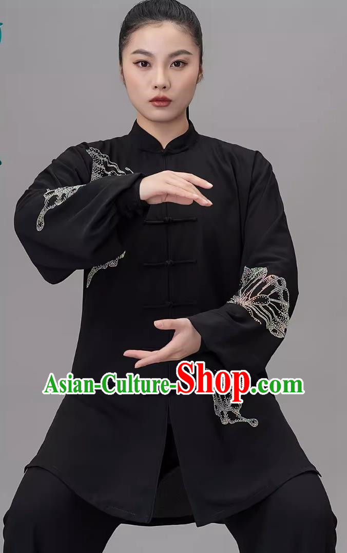 Hot Diamond Tai Chi Suit Black Chinese Style Practice Suit Competition Performance Suit